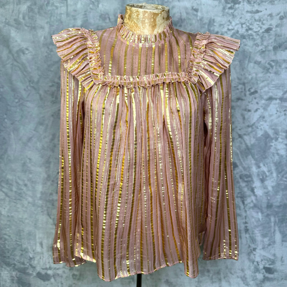 Ulla Johnson Top Womens 4 Leopold Ruffle Pink Gold Metallic Striped Long Sleeve